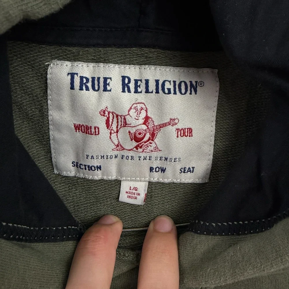 True Religion Hoodie Mens Large Olive Black Monogram Pullover Sweatshirt Logo